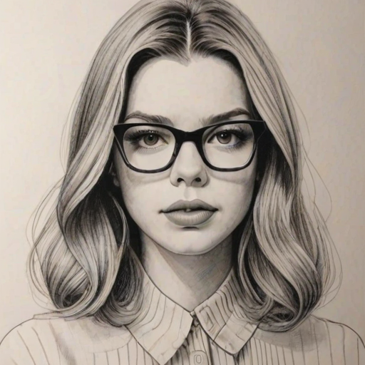 Fetching Anya Taylor-Joy, pencil sketch, portrait of Enticing woman 1967s in glasses, hair style beatnik, outline, clear lines, fine lines, 8k