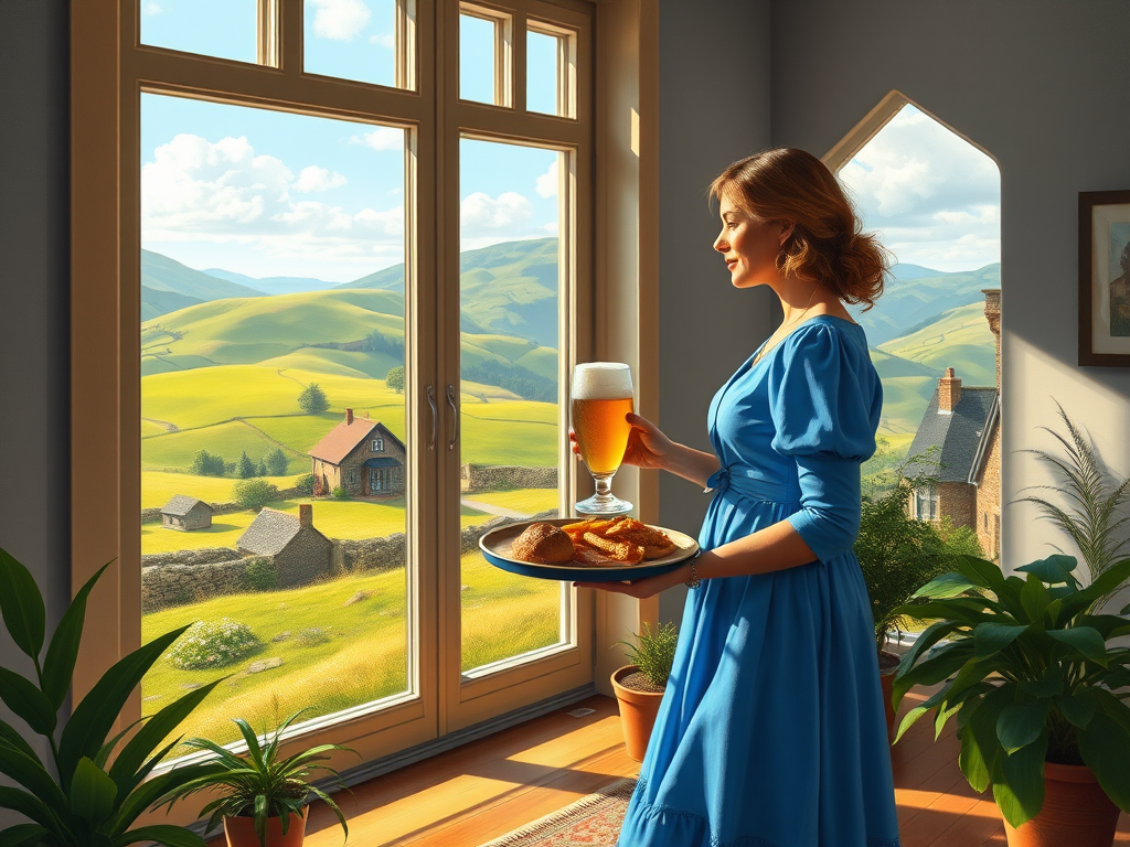In "A Glass of Beer on the Highland," a serene scene is depicted in a sunlit room where a woman in a vibrant blue dress stands by a large window. She holds a tray with a hearty meal and a frothy glass of beer, embodying a moment of relaxation. Outside, the breathtaking highland landscape features rolling green hills and a charming traditional house, all bathed in warm afternoon light. The interior is adorned with potted plants, creating a harmonious blend of comfort and nature. The painting beautifully captures the tranquility and joy found in simple pleasures amidst stunning scenery