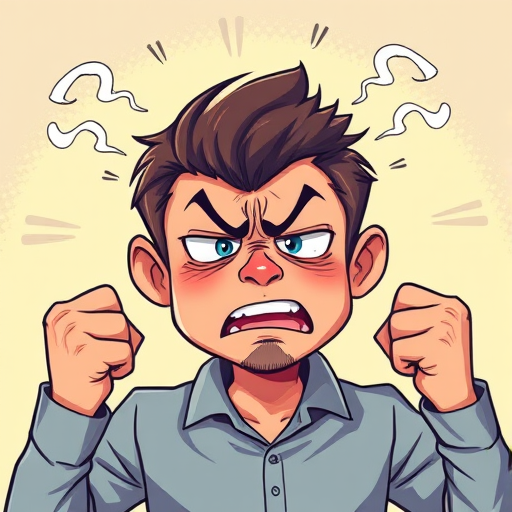 Create an illustration of a frustrated person with clenched fists and steam coming out of their ears, using a vibrant color palette, in high resolution, with a 50mm lens, f/2.8 aperture, soft focus background, and bright natural lighting.