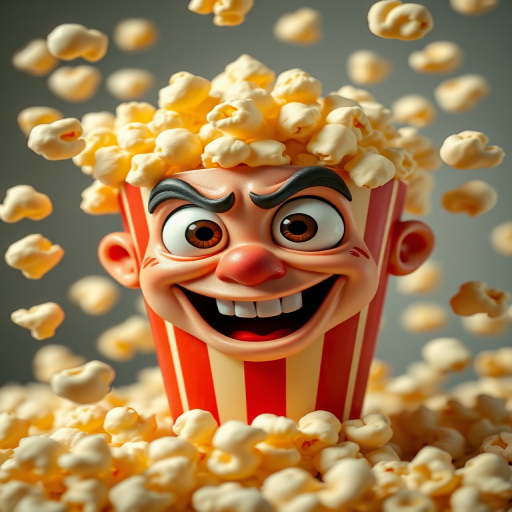 Create a vibrant cartoonish image of an expressive popcorn character with exaggerated facial features, surrounded by flying popcorn kernels, shot with a DSLR camera, 50mm lens, f/2.8 aperture, 1/250 sec shutter speed, in a bright, well-lit environment to enhance colors and details.