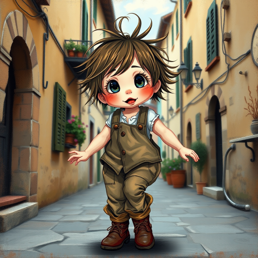 Whimsical little 3-year-old girl wearing scruffy tomboy clothes, boots, messy hair heavily blushed cheeks, pink lips, closely dancing in the street of an Italian village,Textured painterly fantasy artistic mixed media