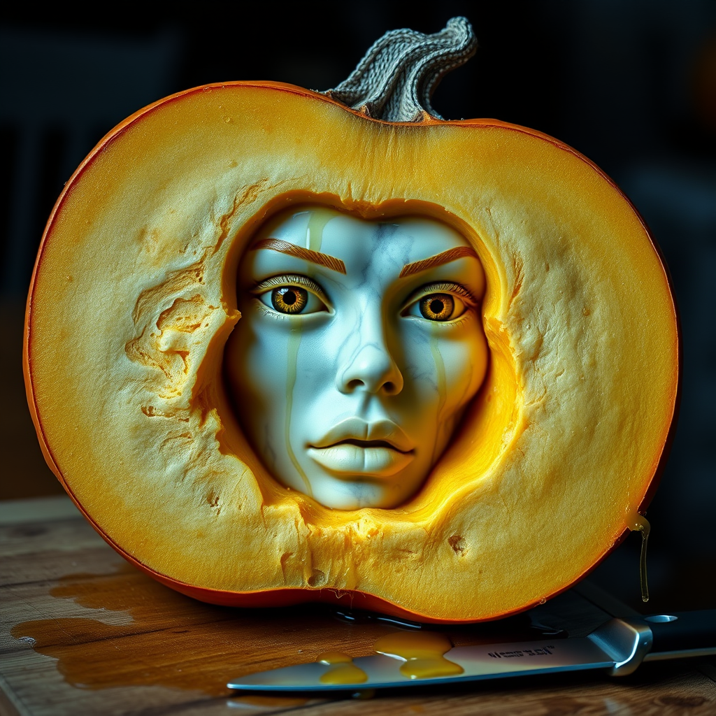 A hyperdetailed photorealistic macro color saturated high resolution image of a pumpkin cut in half, with the pumpkin pit being a highly detailed sculpted woman's face with her eyes open and pumpkin-colored irises. The face has a marble texture. The image includes condensation, moisture, and pumpkin juice. The pumpkin is on a wooden cutting board with a small fruit knife nearby, also covered with juice.