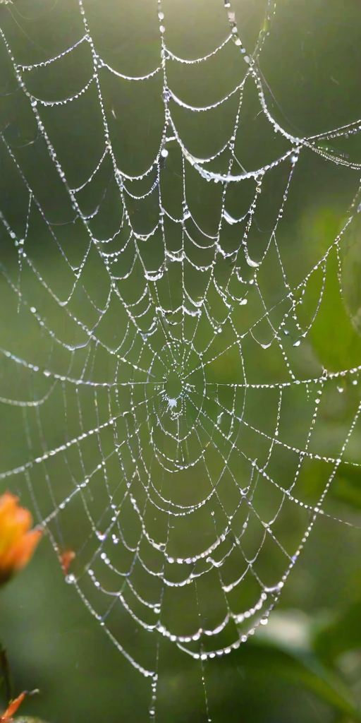 Sharp close-up of raindrops on a spider's web in the early morning, tiny droplets glistening in soft sunlight, with blurred green foliage and distant flowers providing a colorful backdrop.