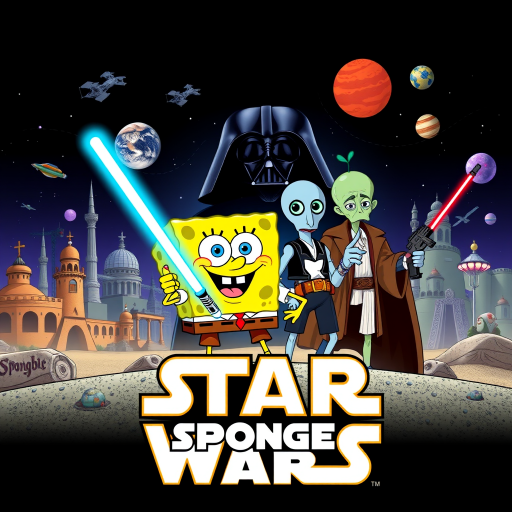 Create a parody of the Star Wars poster with SpongeBob as Luke Skywalker, holding a glowing spatula like a lightsaber. Patrick Star takes the role of Han Solo, holding a blaster, while Squidward is Obi-Wan Kenobi, draped in robes. In the background, Plankton appears as Darth Vader, with Bikini Bottom’s landmarks reimagined as spaceships and planets. The iconic Star Wars logo is swapped for "Sponge Wars," creating a playful, sci-fi adventure scene.