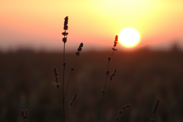 sunset over a field with silhouetted plants in the foreground, f/2.8 aperture, 1/1000s shutter speed, ISO 100, macro lens, warm tones, soft focus background, DSLR camera