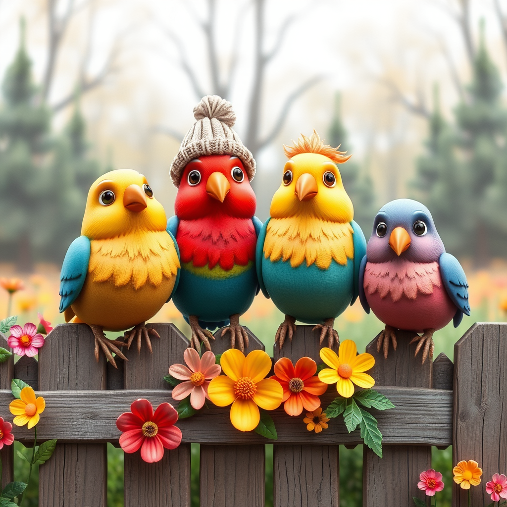 create a scene of 4 quirky  whimsical colourful comical birds each with a funny expression. they are sat on a wooden fence with colourful flowers. they are all different sizes. each one is a different colour  one is wearing a woolly hat. Each one has a different quirky google expression and there is a muted background of trees watercolour paintierly style high definition 8k resolution 3D paper mache