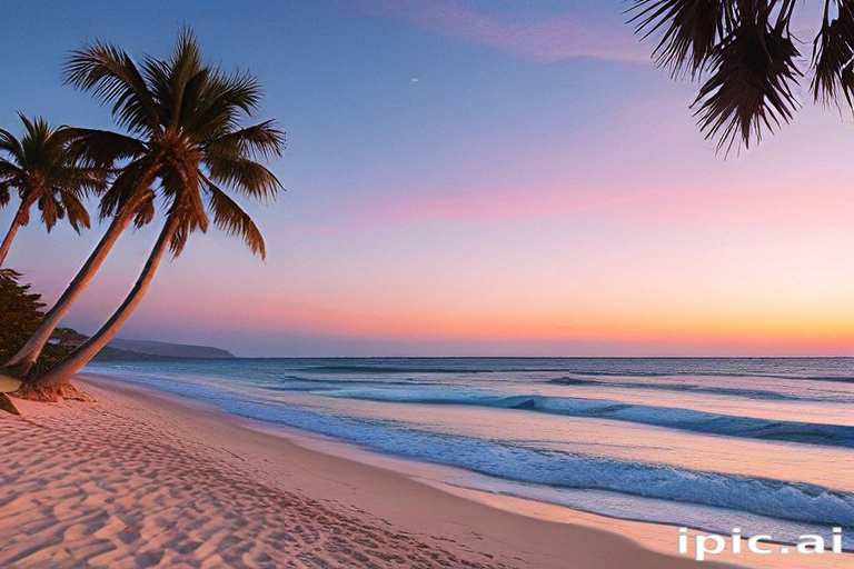 Serene Sunset Over Tranquil Beach with Silhouetted Palm Trees and ...