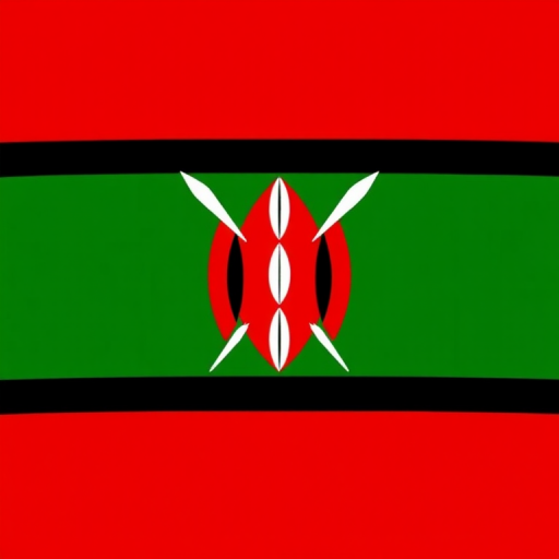 Create an image of the Kenyan flag featuring horizontal stripes of black, red, white, and green with a red and black shield at the center and two white spears crossing behind it using a high-resolution digital camera with a 50mm lens, f/8 aperture, 1/250 sec shutter speed, ISO 100, taken from a straight-on view with vibrant color settings.