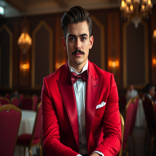 Portrait of a dapper young man in a luxurious red tuxedo with a bow tie, styled hair, and a prominent mustache, seated confidently in an elegant ballroom setting, natural lighting, soft focus, Canon EOS R5, 85mm f/1.2 lens, ISO 100, aperture f/1.8, shutter speed 1/200s