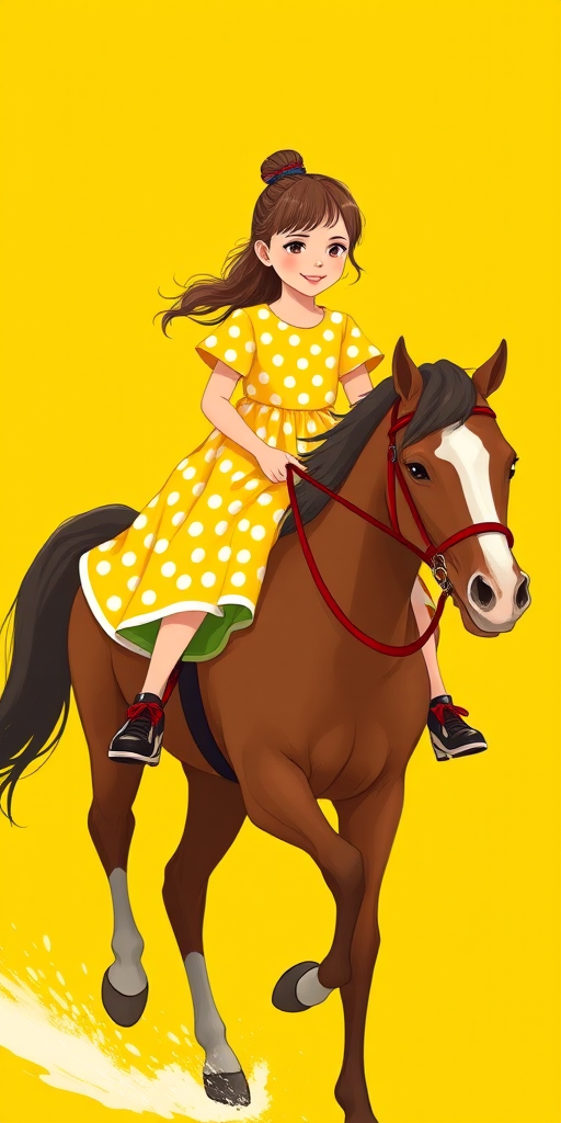 Create a vibrant illustration of a girl in a yellow polka-dot dress riding a horse, with a bright yellow background, using a canon EOS R5 camera with a 50mm lens, aperture set to f/2.8, shutter speed 1/1000s, and ISO 100 for enhanced detail and color saturation.