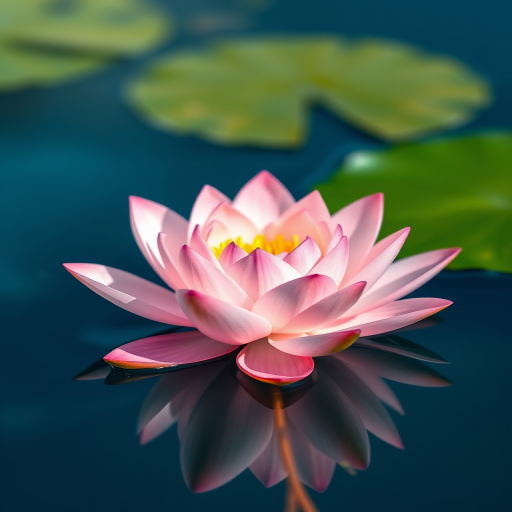 Create a high-resolution digital illustration of a pink water lily on a tranquil blue background, with a soft focus effect, using a DSLR camera with a 50mm lens, aperture set to f/2.8 for shallow depth of field, ISO 100, and natural light to enhance colors and details.