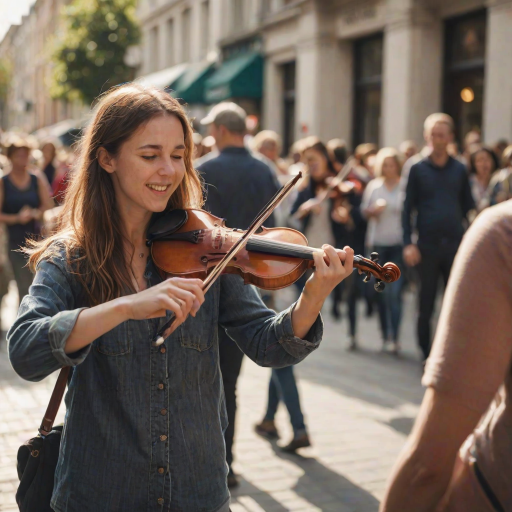 Blurry candid shot of a lively street musician playing the violin, with people stopping to listen, soft sunlight illuminating the scene, creating a warm atmosphere.