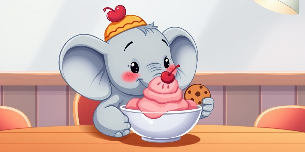 Create an illustration of a cute cartoon elephant sitting at a table enjoying a large bowl of pink ice cream topped with a cherry, wearing a small hat with a heart, and holding a cookie in its trunk, captured with a Nikon D850, 50mm lens, f/1.8 aperture, soft diffused lighting, and a vibrant color palette for a joyful atmosphere.