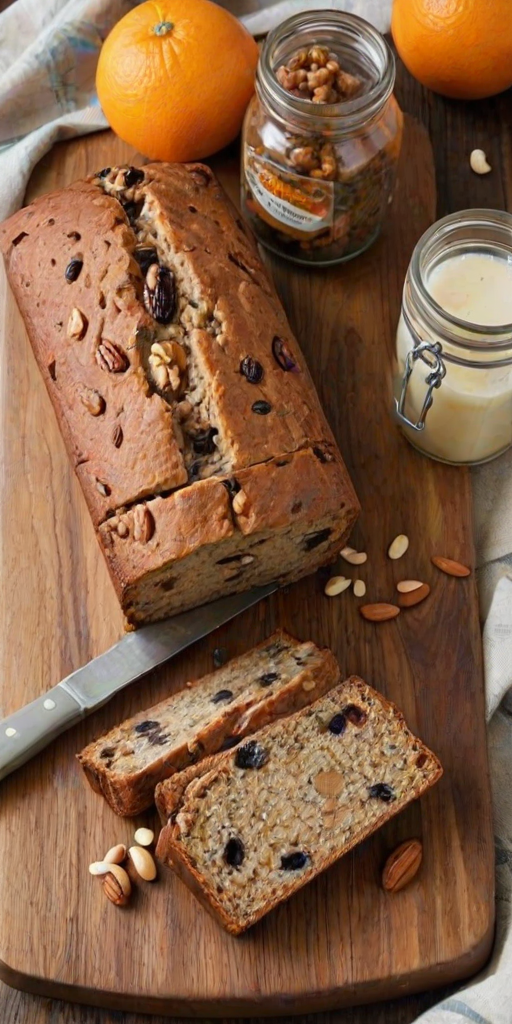 Create an image of a rustic fruit and nut loaf on a wooden cutting board. Surround it with slices of the loaf, a small bowl of nuts, and a jar of orange jam. Include some dried fruit and orange slices for decoration, and use a soft, natural lighting to enhance the warm, inviting atmosphere.