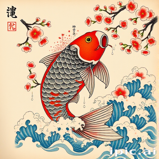 Japanese-inspired irezumi tattoo dubbed "Koi's Ascent" featuring a large, colorful koi fish swimming upstream through cherry blossoms and turbulent waves
