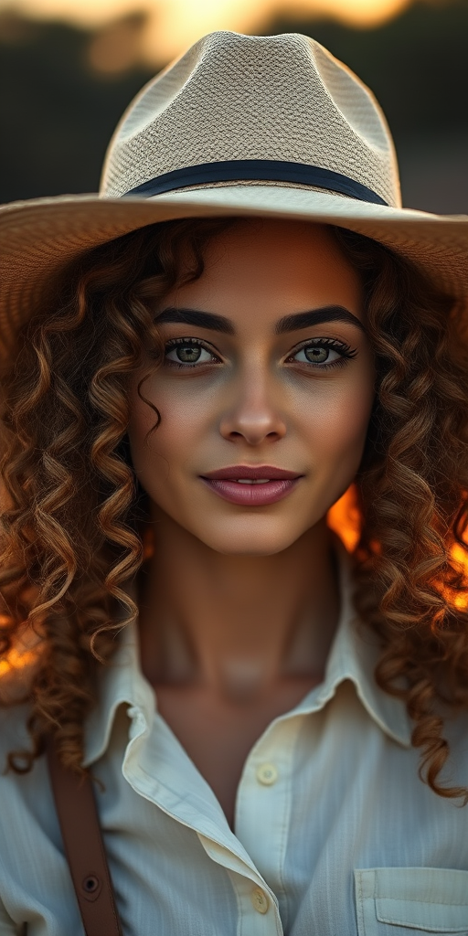 portrait of a woman with curly hair wearing a wide-brimmed hat and a light shirt, soft blurred background, golden hour lighting, 50mm lens, f/1.8 aperture, ISO 100, natural light, DSLR camera