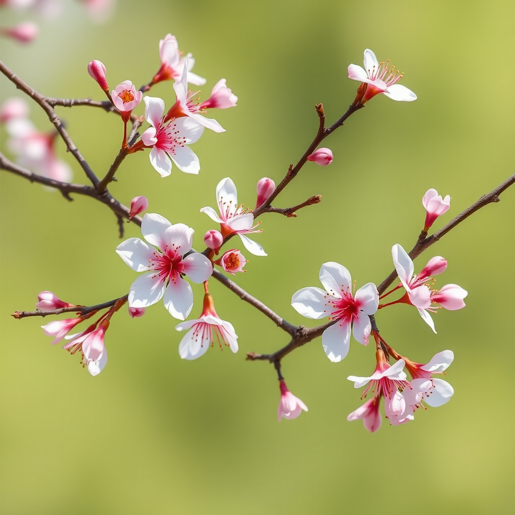 Create a high-resolution digital illustration of cherry blossom branches with soft pink flowers and fine dark branches on a light green background, using a Canon EOS R5 with a 85mm f/1.2 lens, at an aperture of f/2.8, ISO 100, natural lighting to enhance details and colors.
