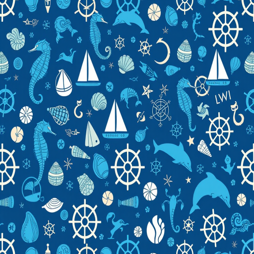 create a seamless pattern featuring blue marine elements like seahorses, sailboats, dolphins, shells, and steering wheels, using a high-resolution digital camera with a 50mm lens, f/8 aperture, and 100 ISO, in a flat lay style for enhanced clarity and detail
