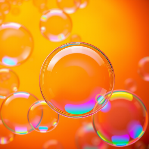 macro shot of colorful soap bubbles with bright orange and yellow background, ISO 100, f/2.8, 1/200s, 100mm lens, top-down view, DSLR camera, high dynamic range photography