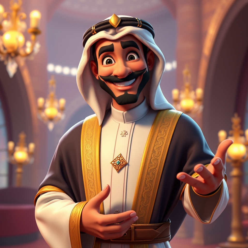 Create a 3D rendering of a wealthy Arab male sheikh from Dubai, inspired by the Disney animation style. The sheikh must have a smile and a playful but wise character. Place your character in an atmosphere of wealth and luxury. The image must be in high resolution format. Dynamic pose above the waist, gesturing with hands (Pixar Art style)++ highly detailed digital painting, art stations, concept art, soft focus, hard focus, illustrations. cinematic, visual effects, HDR, Unreal Engine 5, ray tracing, soft light, 8k, high detail, sparkling backlighting, luxury gem, game art, 3d, cartoon, colorful, magical, mysterious