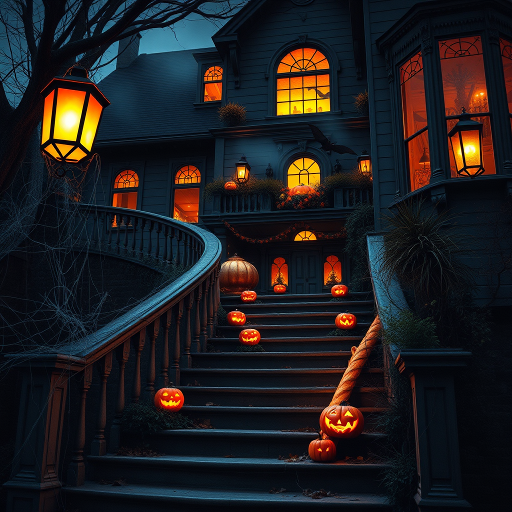 airbrushed oil painting, halloween theme, a haunted house, stairs, highly decorated, illuminated, lanterns, jack o'lantern, bats, webcobs