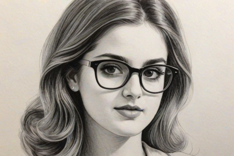 Magnificent Laura Marano, pencil sketch, portrait of Graceful woman 1963s in glasses, hair style beatnik, outline, clear lines, fine lines, 8k