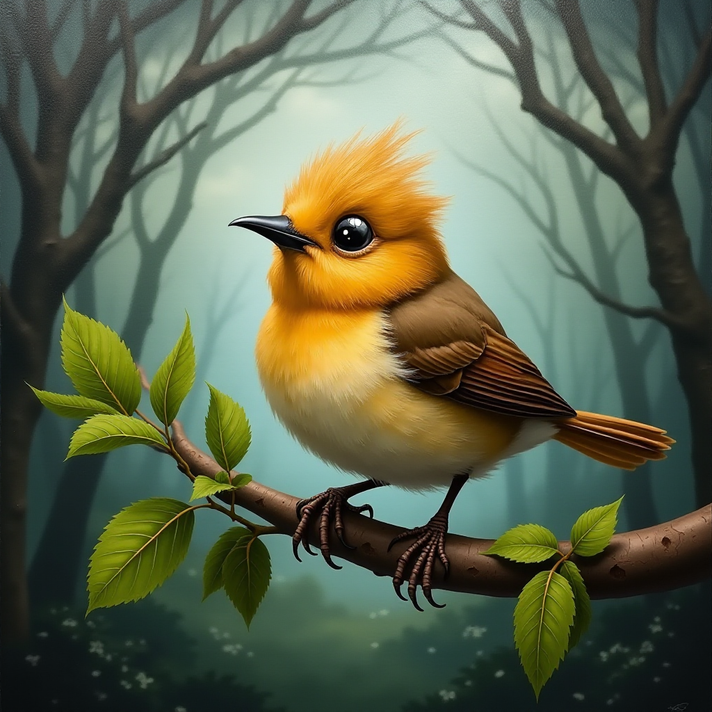 airbrushed oil painting,  a cute little bird, sitting on a branch with lush leaves, startled eyes, his feathers ruffled and blown up, leaves in the air, background bending trees in a forest, storm clouds