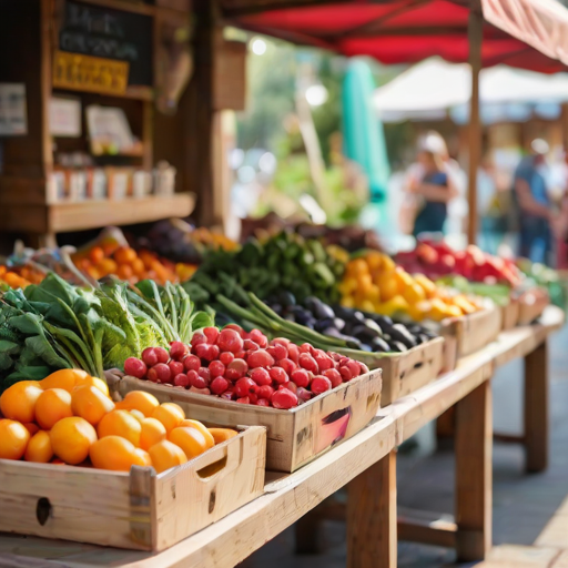 Soft-focus image of a farmer's market in the morning, with vibrant fruits and vegetables arranged on wooden tables, soft sunlight filtering through colorful awnings.