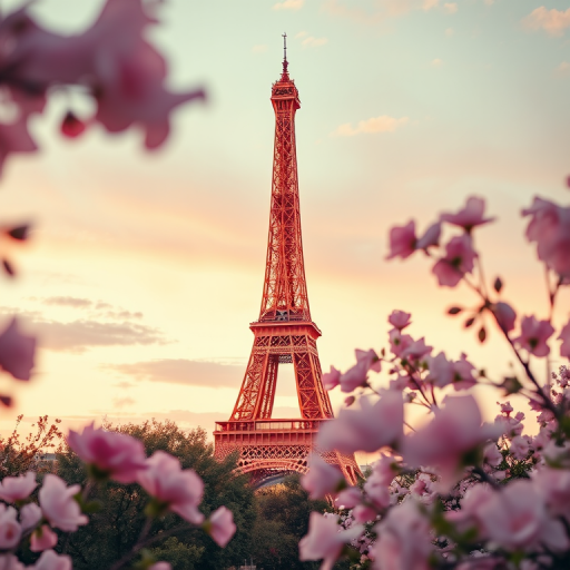 Create a dreamy Paris-themed background featuring the Eiffel Tower with soft pink hues and floral textures, shot with a Canon EOS R5 at f/1.8, ISO 100, 50mm lens, using a shallow depth of field and soft lighting.