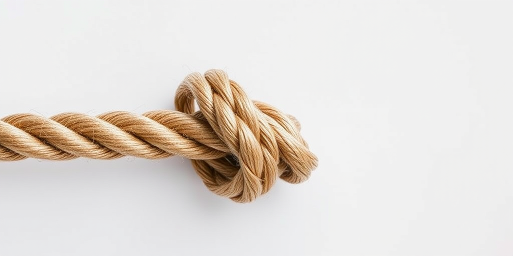 Create a high-resolution image of a braided rope knot on a plain background using a DSLR camera with a 50mm lens, aperture f/1.8, shutter speed 1/200 sec, ISO 100, and a macro view to capture intricate details and textures.