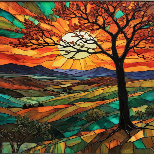A vibrant abstract painting on Tiffany Glass, blending acrylic and alcohol ink techniques, captures a dramatic sunset over rolling hills. The artwork features a textured, rocky foreground in green and brown, layered abstract hills, and a striking sunset in rich oranges, yellows, and reds. A solitary black tree with intricate branches contrasts against the fiery sky, creating a dynamic and expressive portrayal of a breathtaking natural scene.