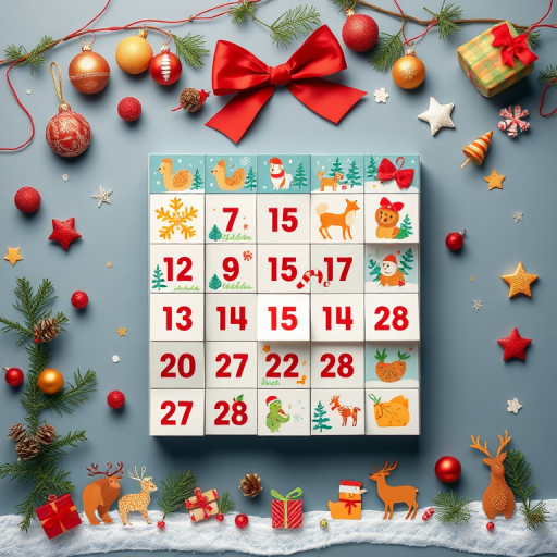 Create a festive advent calendar illustration featuring various holiday-themed icons such as ornaments, animals, and winter scenes, captured using a Canon EOS R5 at f/8, ISO 100, 1/125s, with a flat lay view, vibrant colors, and a modern graphic style.