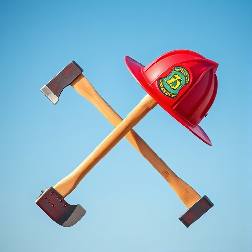 Create a vibrant, high-resolution image of a red firefighter's helmet crossed with two axes in a clear blue sky background, using a DSLR camera with a 50mm f/1.8 lens, aperture set to f/2.8, ISO 100, and shot in natural light for enhanced clarity and sharpness.