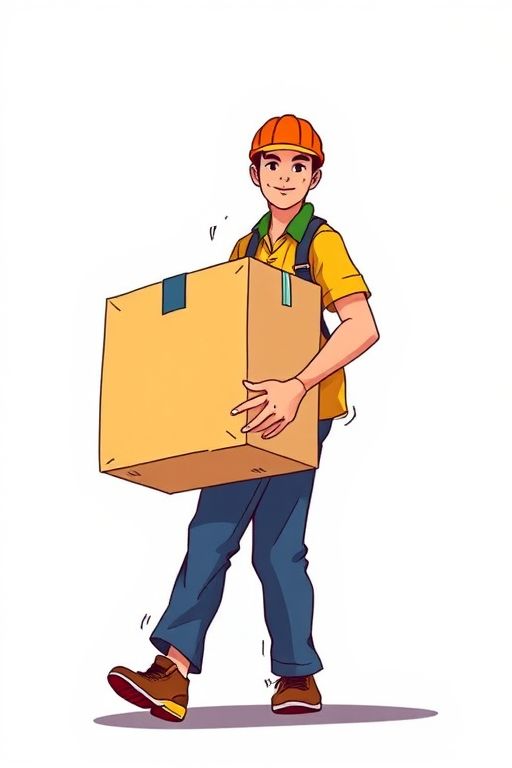 Create an illustration of a delivery worker carrying a large package, using a vibrant color palette, illustrated in a semi-realistic style with clear lines and shading, shot from a low angle to emphasize the effort, using a Canon EOS R with a 24-70mm lens at f/4, ISO 100, and a shutter speed of 1/125 sec for optimal clarity and detail.
