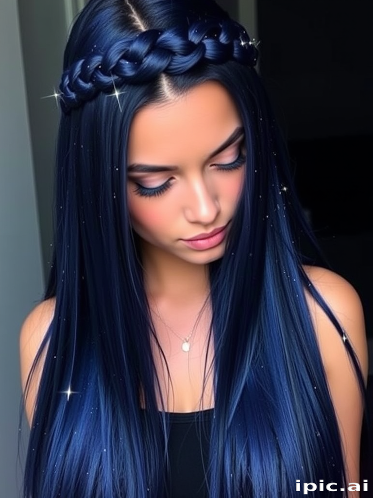 Midnight blue hair with scattered silver star-like highlights creates a captivating "Celestial Night" appearance. The long, straight locks are styled in a sleek, glass-like finish that reflects light beautifully. A section of hair is braided into an intricate crown, mimicking the Milky Way, while the rest flows freely like a river of starlight.