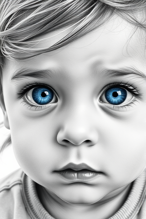 A hyperdetailed photorealistic black and white sketch of a beautiful toddler with deep blue eyes, with a macro focus