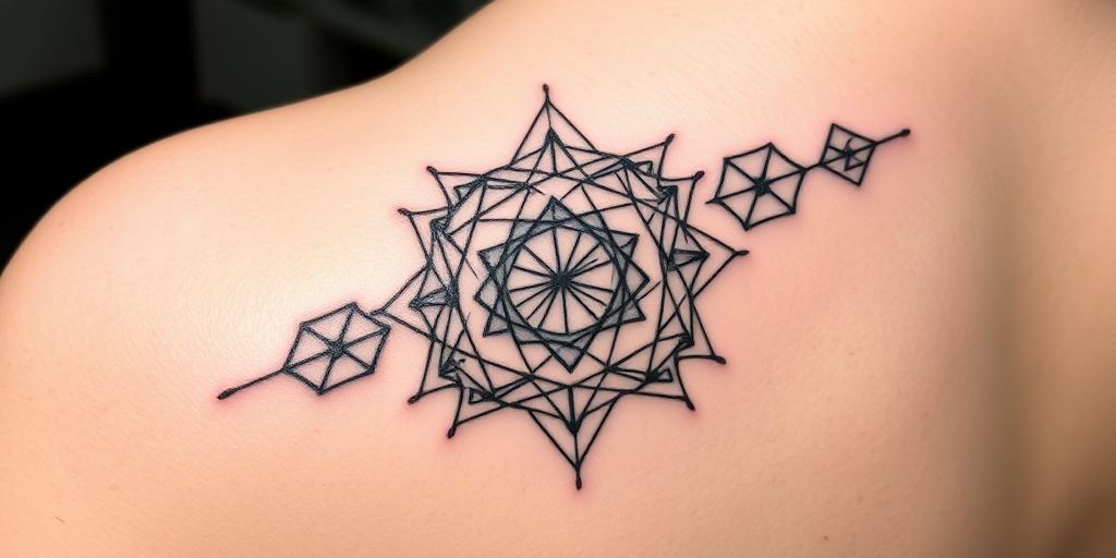 Minimalist blackwork tattoo named "Geometric Elegance" showcasing intricate patterns of thin lines forming complex shapes and sacred geometry, utilizing negative space for a striking contrast
