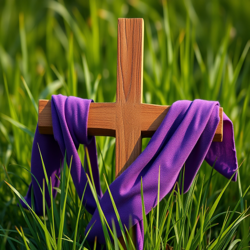 Create a digital illustration of a wooden cross wrapped with a purple cloth, surrounded by green grass, captured with a Canon EOS R5, 50mm lens at f/1.8, in vibrant colors with a slight depth of field effect to enhance focus on the cross.