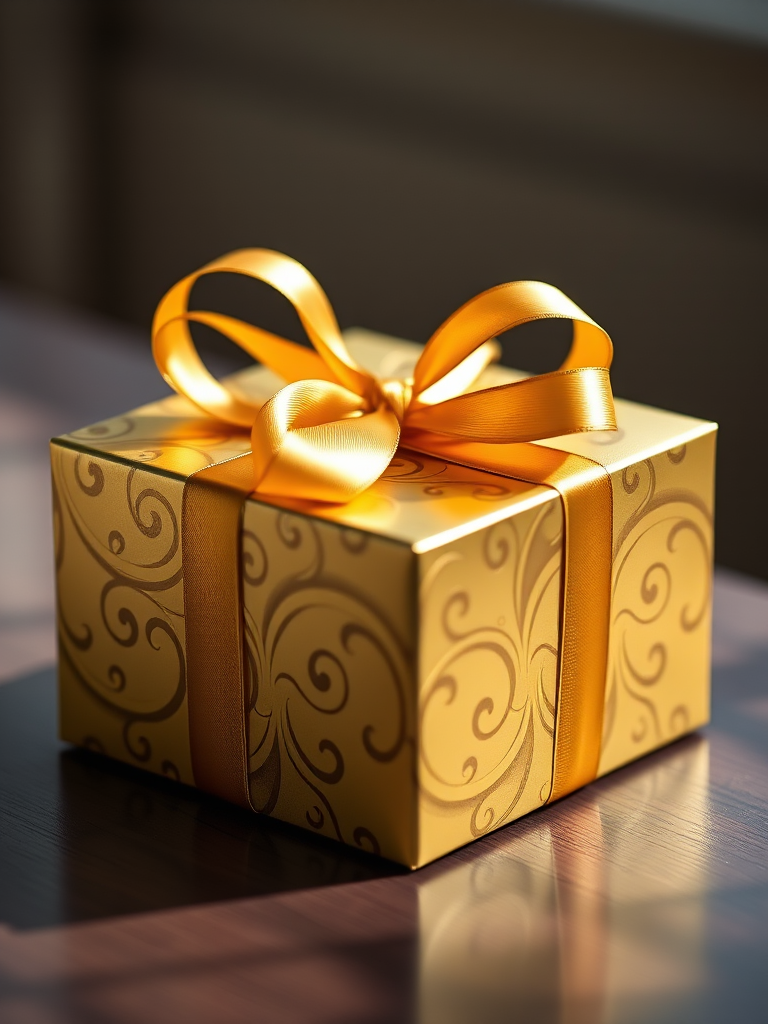 Create a high-resolution image of a gold gift box with an intricate swirling pattern, tied with a shiny golden ribbon, captured with a Canon EOS 5D Mark IV, 50mm lens, f/2.8 aperture, ISO 100, natural lighting, shallow depth of field.