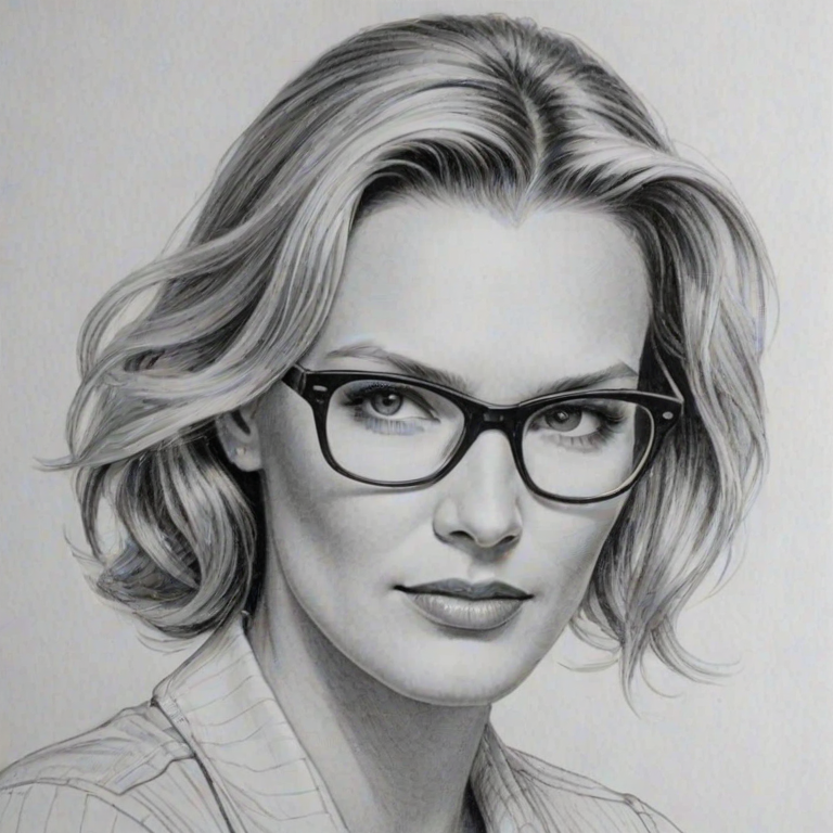 Splendid Natasha Henstridge, pencil sketch, portrait of Comely woman 1939s in glasses, hair style beatnik, outline, clear lines, fine lines, 8k