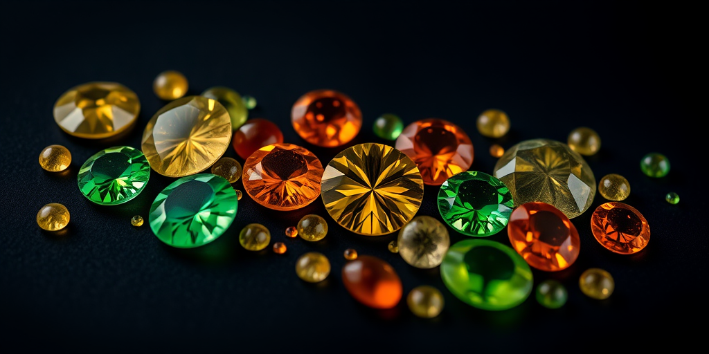 high-resolution macro shot of assorted green and orange gemstones on a dark background, 50mm lens, f/2.8 aperture, 1/200s shutter speed, ISO 100, natural lighting, flat lay composition