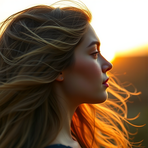 Create a highly detailed side profile illustration of a woman with flowing hair, using a Canon EOS R5 with a 50mm f/1.2 lens, ISO 100, aperture set to f/1.2, shot at sunset with soft lighting for enhanced depth and contrast, capturing the intricate textures of her hair and facial features.