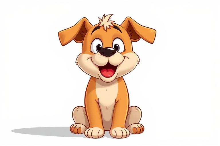 Create a cartoon-style illustration of a playful dog sitting down with a surprised expression, using a Canon EOS R5 camera with a 50mm f/1.8 lens at f/2.8, 1/200s shutter speed, in a bright and minimalistic studio setting for vibrant colors and sharp details.