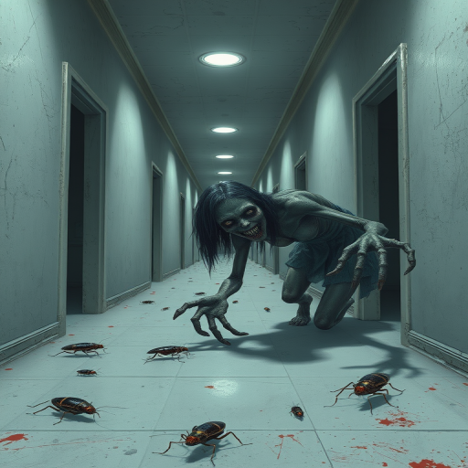 a crooked female with long arms and a creepy smile is crawling along a long white corridor and you can also see cockroaches in it there is a creepy atmosphere creepy art style