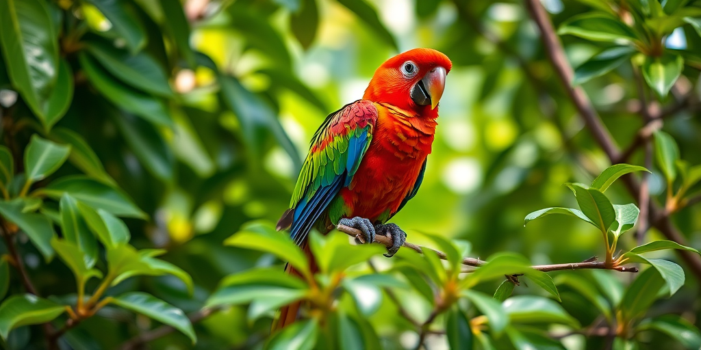Create a vibrant image of a bright red and green parrot perched on a branch surrounded by lush green leaves, using a DSLR camera with a 50mm lens, aperture set to f/2.8, ISO 100, natural lighting, and a shallow depth of field to enhance the subject's details and the softness of the background.