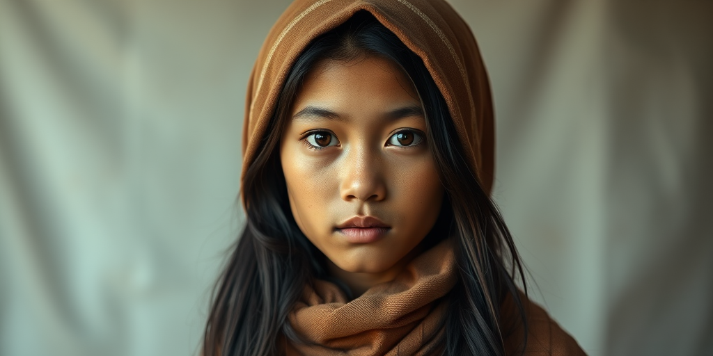 Create a portrait of a young Cambodian male with long, dark hair and captivating hazel eyes. She is wearing a brown headscarf and a matching scarf draped gracefully around her neck. The background is softly blurred, focusing attention on her serene and natural expression. The overall color palette is muted and warm, enhancing the intimate and authentic feel of the portrait.