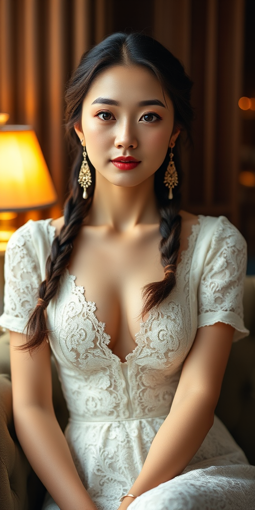 Create a portrait of a refined and elegant Korean woman seated in a sophisticated setting. She has long, wavy hair styled in two thick braids that are pulled over her shoulders. She wears a white, lace gown with intricate patterns, featuring a deep V-neckline and short sleeves. The dress exudes a vintage charm with its delicate lacework. She is adorned with ornate, dangling earrings that add a touch of glamour to her appearance. The background is softly lit, with warm, ambient lighting that creates a cozy and inviting atmosphere. Her expression is poised and serene, capturing a sense of grace and elegance.