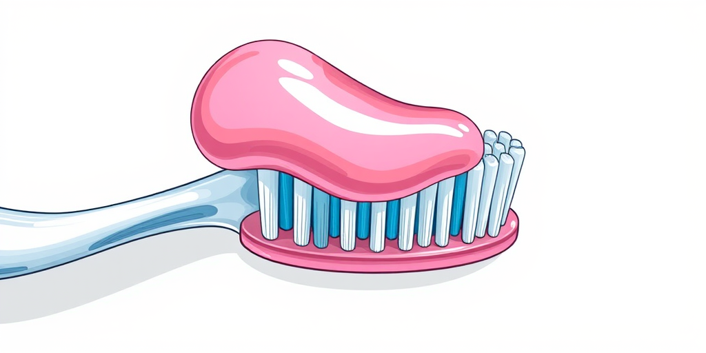 Create a detailed digital illustration of a toothbrush with a pink toothpaste on top, using a 50mm lens, f/2.8 aperture, ISO 100, top-down view, and high-resolution rendering for clarity and vibrancy.