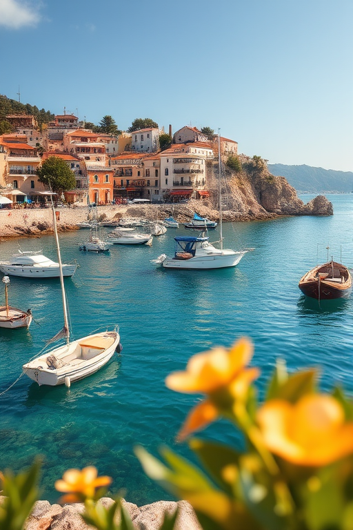 capture a vibrant coastal scene with boats moored in a tranquil harbor, use a DSLR camera with a 50mm lens, aperture f/1.8 for shallow depth of field, ISO 100 for rich color details, and a low angle view to enhance foreground elements.