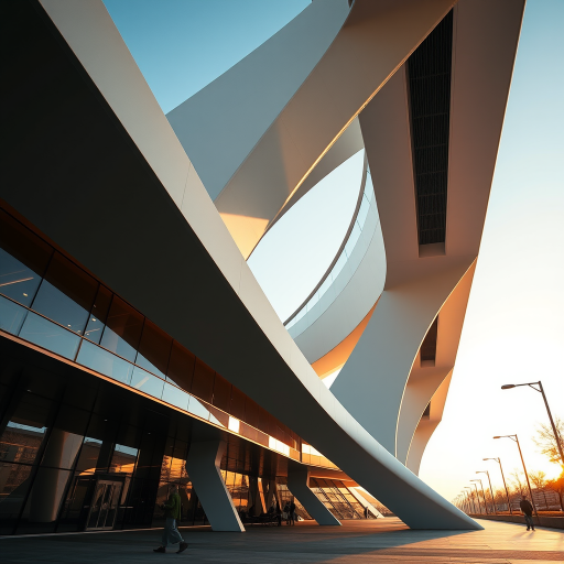 futuristic architectural structure, dynamic angles, high contrast lighting, vibrant colors, 35mm lens, f/8 aperture, ISO 100, shot in golden hour light, wide-angle view, captured with a DSLR camera
